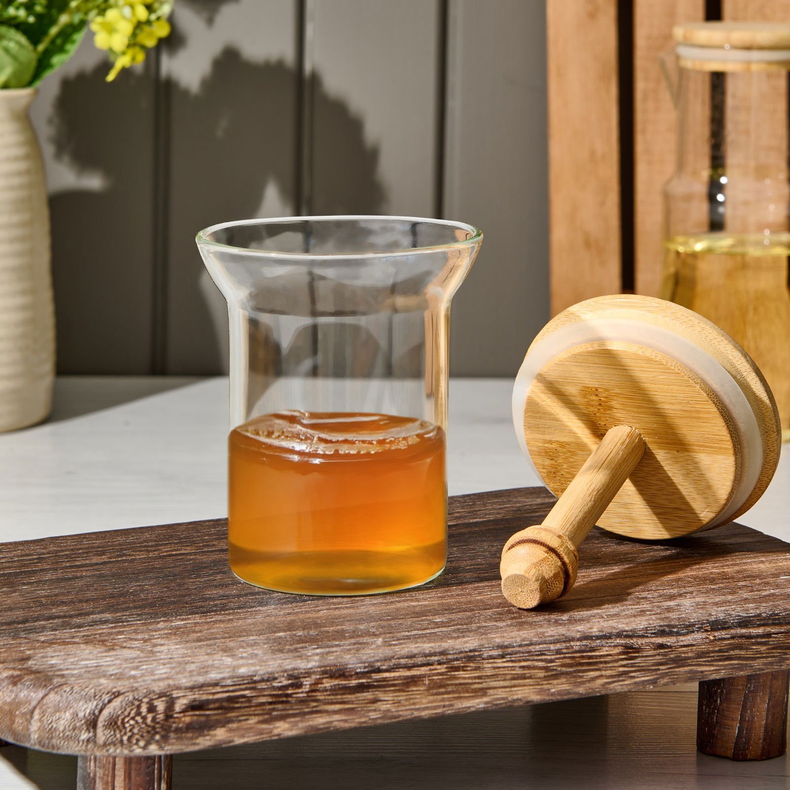 Bambu Kaşıklı Bal Kavanozu - Şeffaf - 14,5 cm