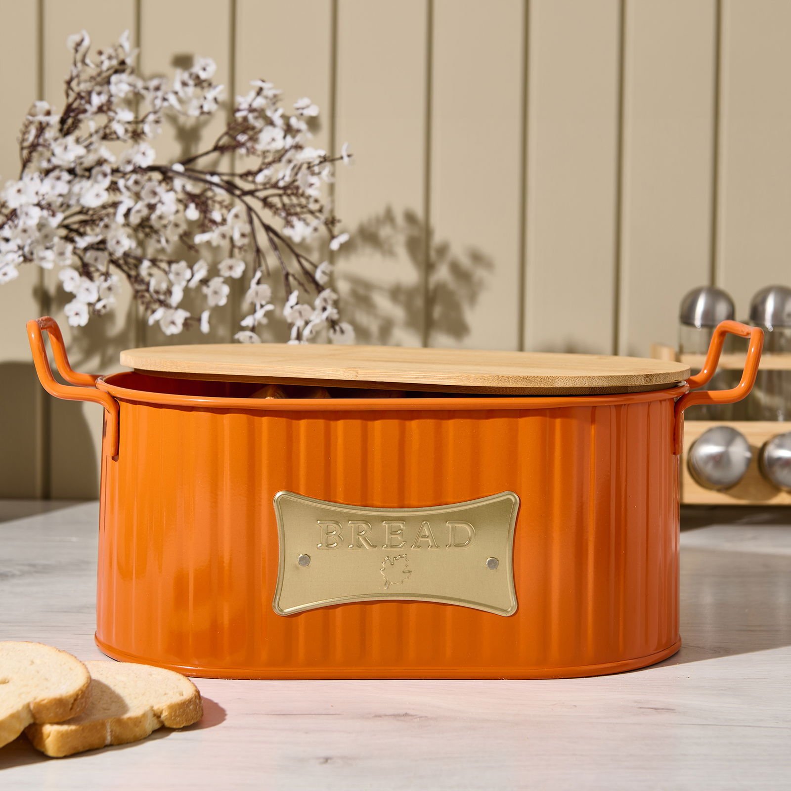 Ahşap Kesme Tahtalı Ekmek Kutusu - Turuncu - 33 cm