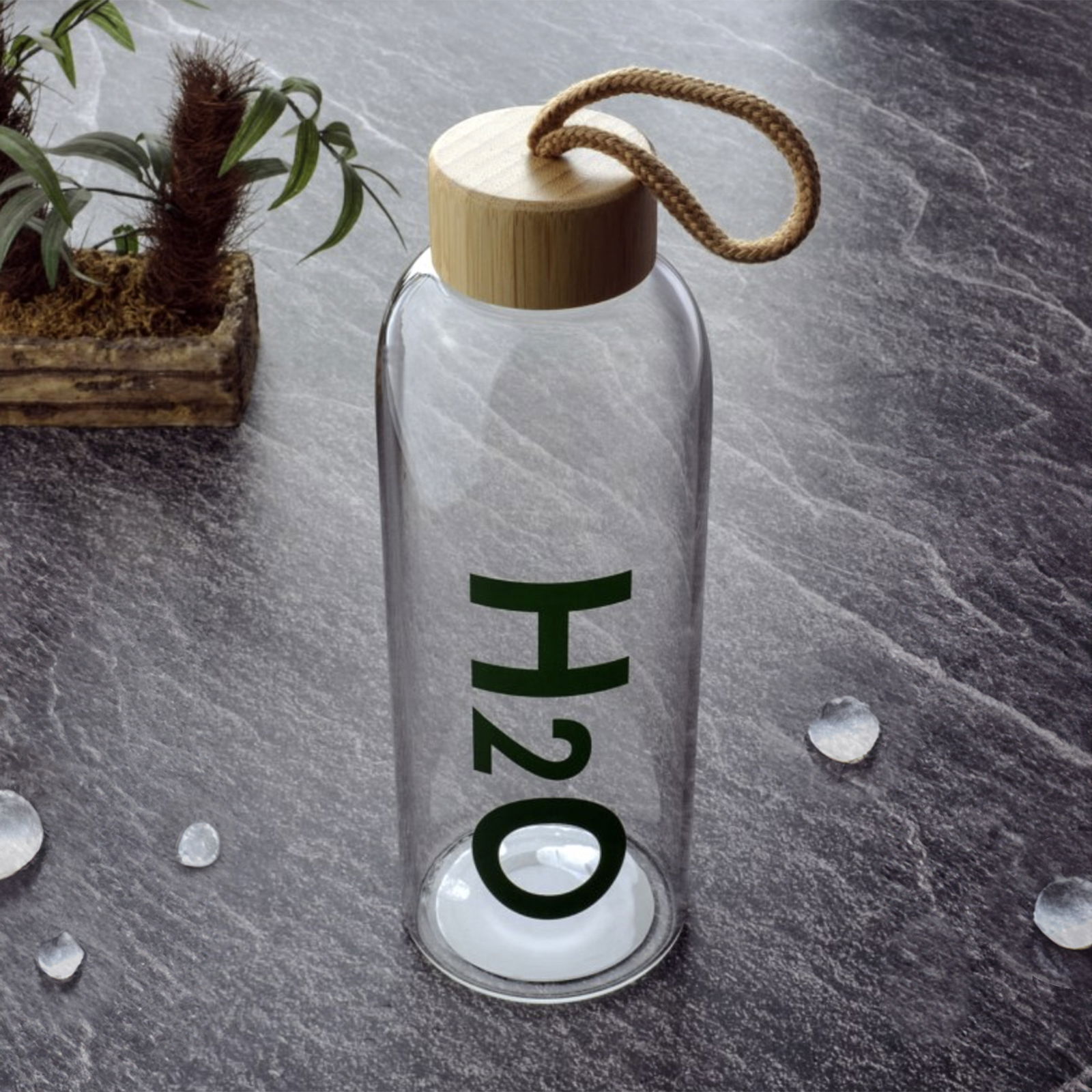 Kılıflı Bambu Kapaklı H2O Cam Matara - Şeffaf / Açık Kahverengi - 600 ml