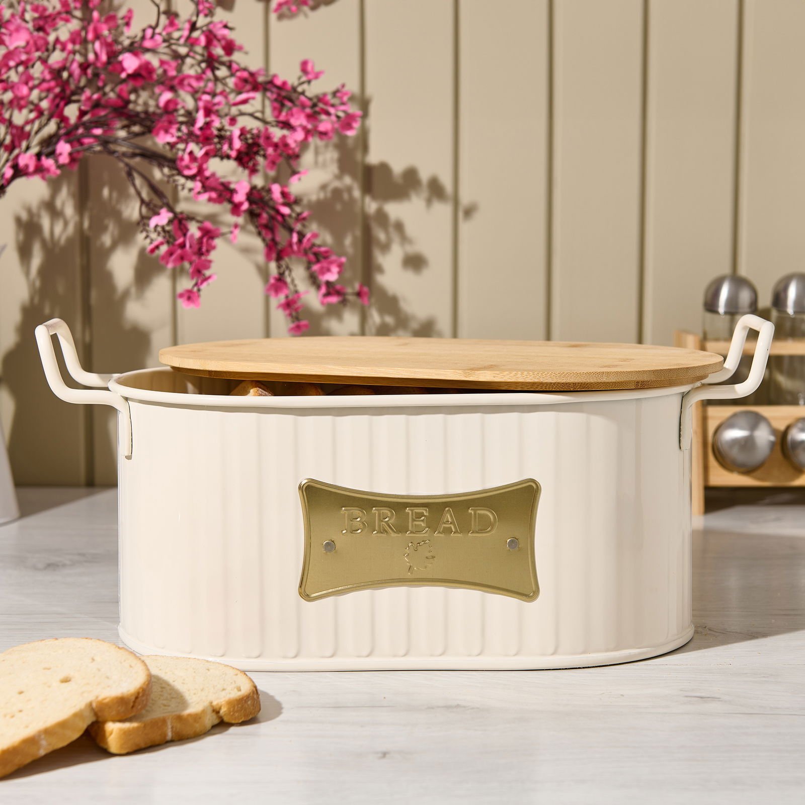 Ahşap Kesme Tahtalı Ekmek Kutusu - Krem - 33 cm