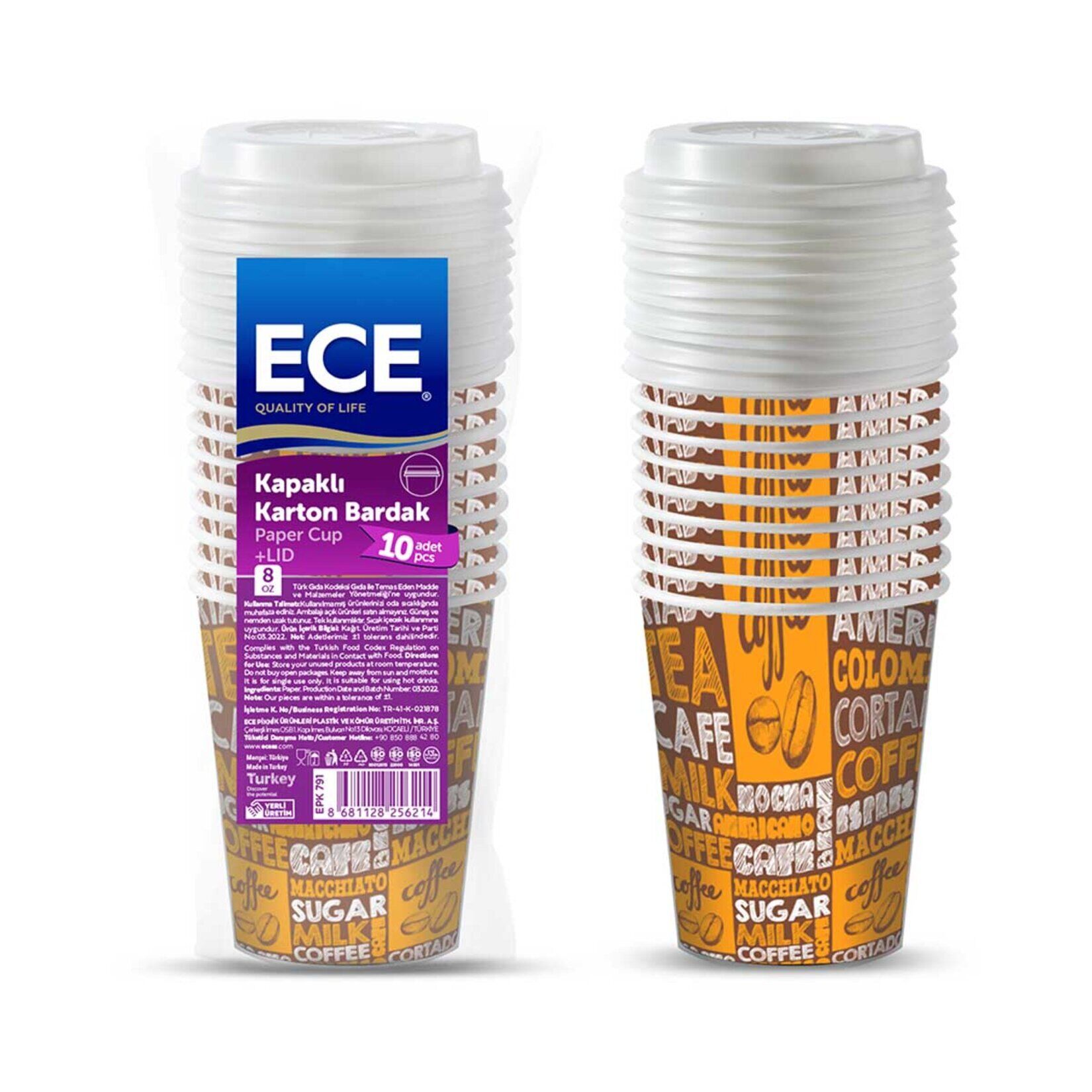 Ece 8 Oz To Go Kağıt Bardak 225 Ml ve Kapak Seti 10'lu