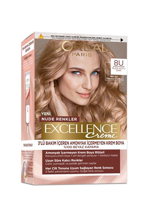 Loreal Excellence Creme Nude Renkler Saç Boyası 8u Koyu Sarı