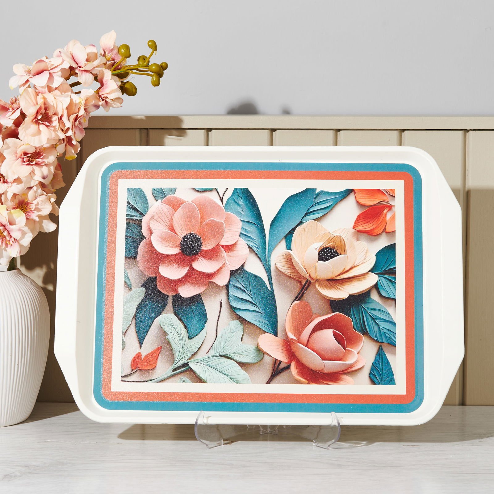 Çiçek Desenli Tepsi - Renkli - 44x30,5 cm