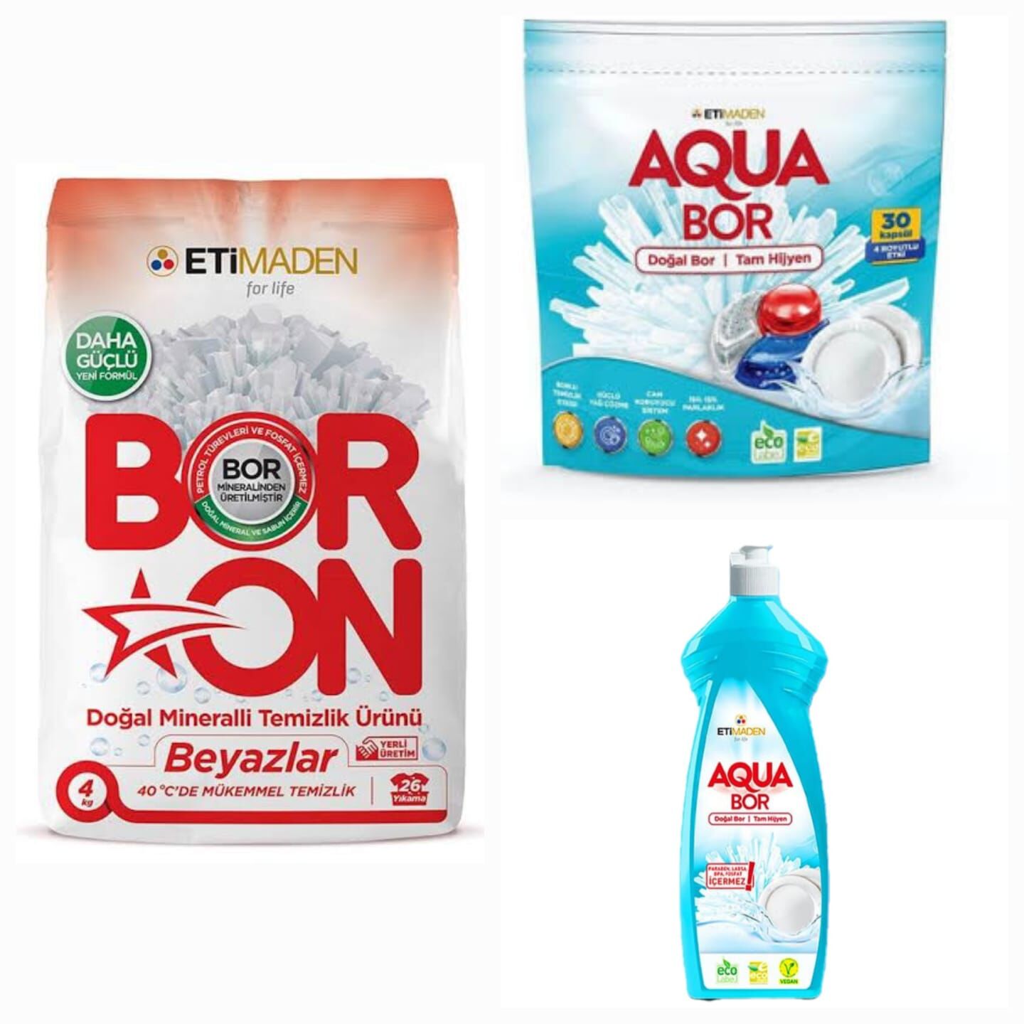 AQUABOR DOĞAL MİNERALLİ BULAŞIK TABLETİ 30 KAPSÜL+BORON TOZ DETERJAN BEYAZLAR İÇİN 4 KG+1 ADET ELDE BULAŞIK