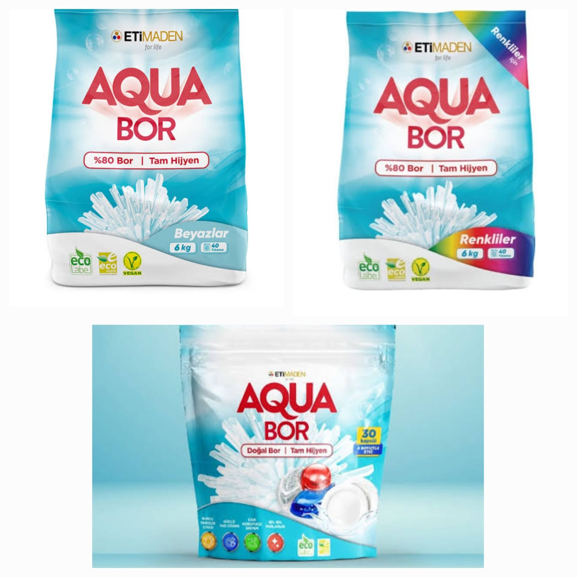 AQUABOR DOĞAL MİNERALLİ  ÇAMAŞIR DETERJANI RENKLİLER +BEYAZLAR İÇİN +BULAŞIK TABLETİ 30 KAPSÜL