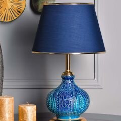 Light Patara Çini Detaylı Seramik Abajur - Mavi Şapka / Gold Ayak