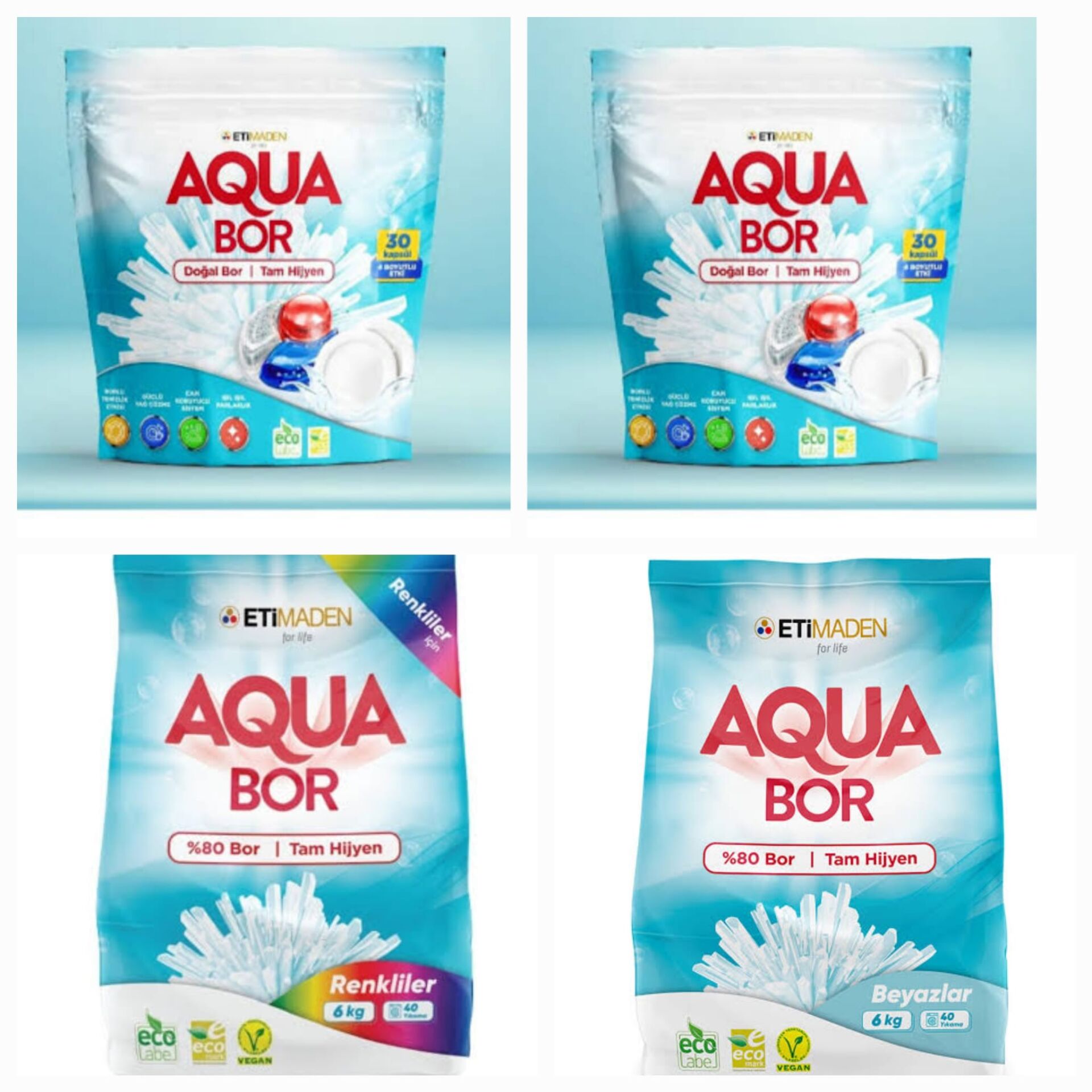 AQUABOR DOĞAL MİNERALLİ  ÇAMAŞIR DETERJANI RENKLİLER +BEYAZLAR İÇİN +BULAŞIK TABLETİ 2 PAKET 30 *2 KAPSÜL
