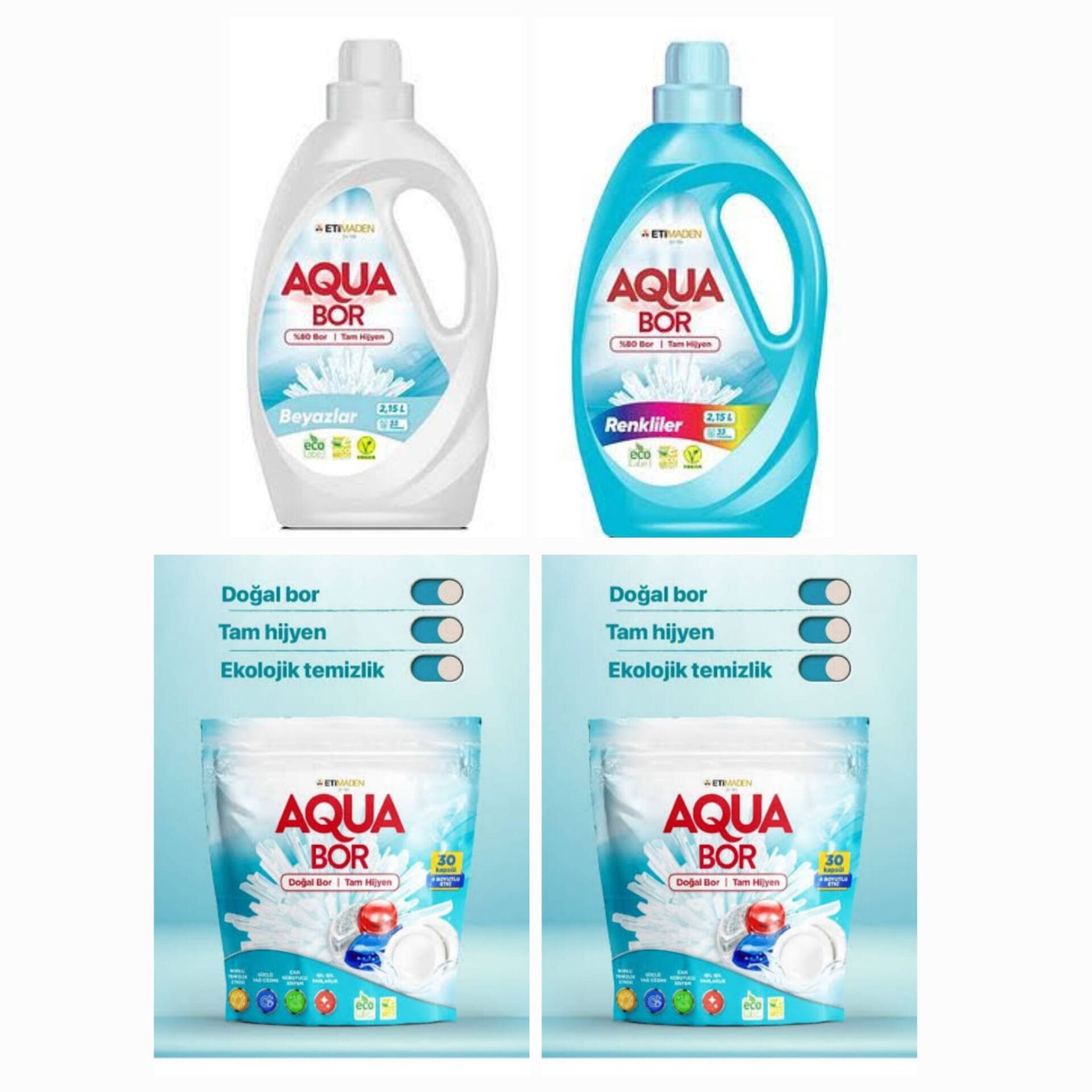 AQUABOR DOĞAL MİNERALLİ  SIVI ÇAMAŞIR DETERJANI RENKLİLER +BEYAZLAR İÇİN +BULAŞIK TABLETİ  30KAPSÜL