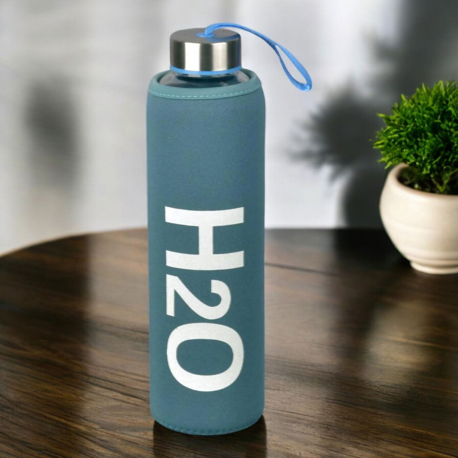 H2O Kılıflı Cam Matara - Mavi / Şeffaf - 600 ml