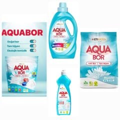 AQUABOR DOĞAL MİNERALLİ  BULAŞIK TABLETİ 30 KAPSÜL+ÇAMAŞIR BEYAZLAR İÇİN TOZ+SIVI RENKLİLER İÇİN DETERJAN+ELDE YIKAMA