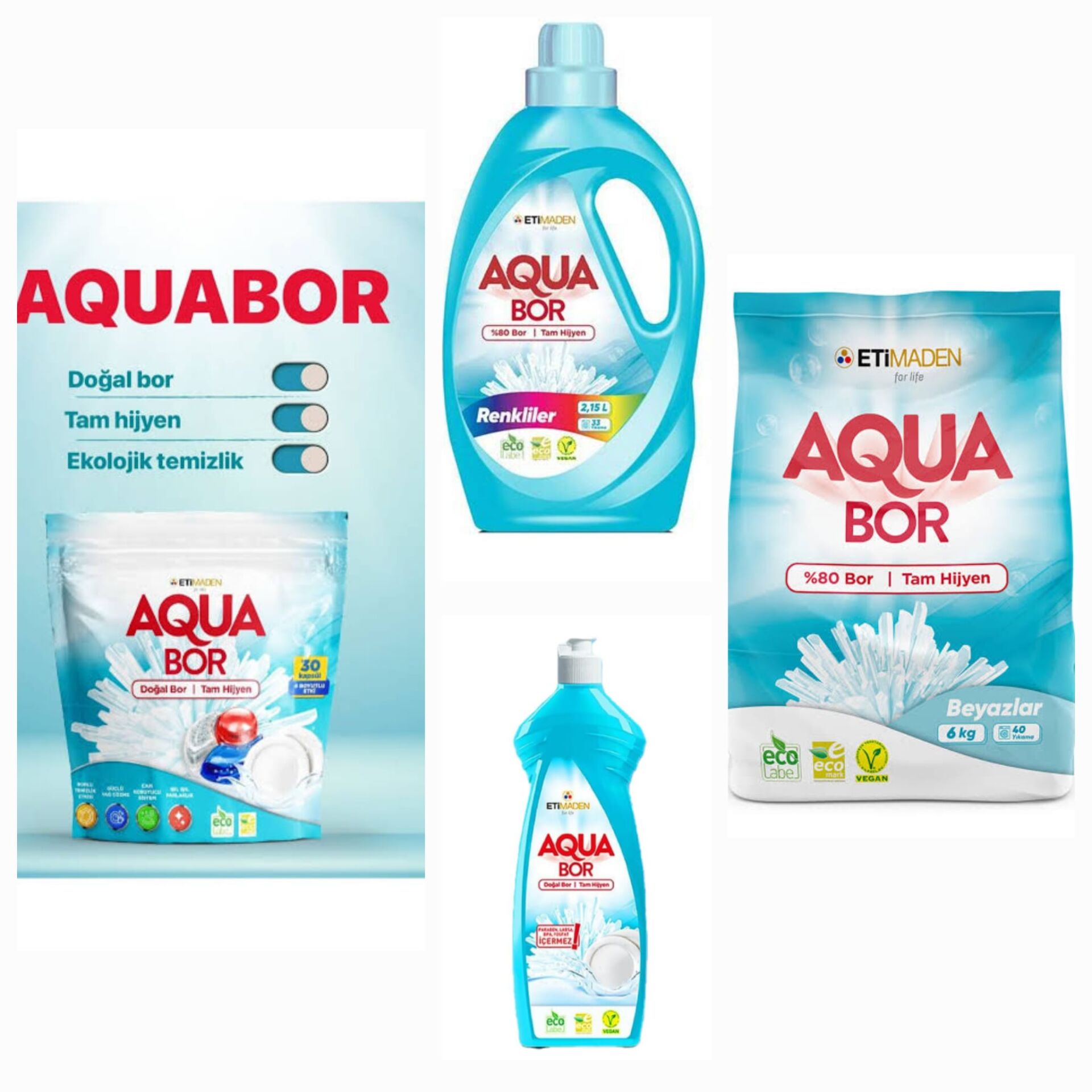 AQUABOR DOĞAL MİNERALLİ  BULAŞIK TABLETİ 30 KAPSÜL+ÇAMAŞIR BEYAZLAR İÇİN TOZ+SIVI RENKLİLER İÇİN DETERJAN+ELDE YIKAMA
