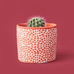 Mozaik Desen Beton Saksı - Turuncu - 10x13 cm