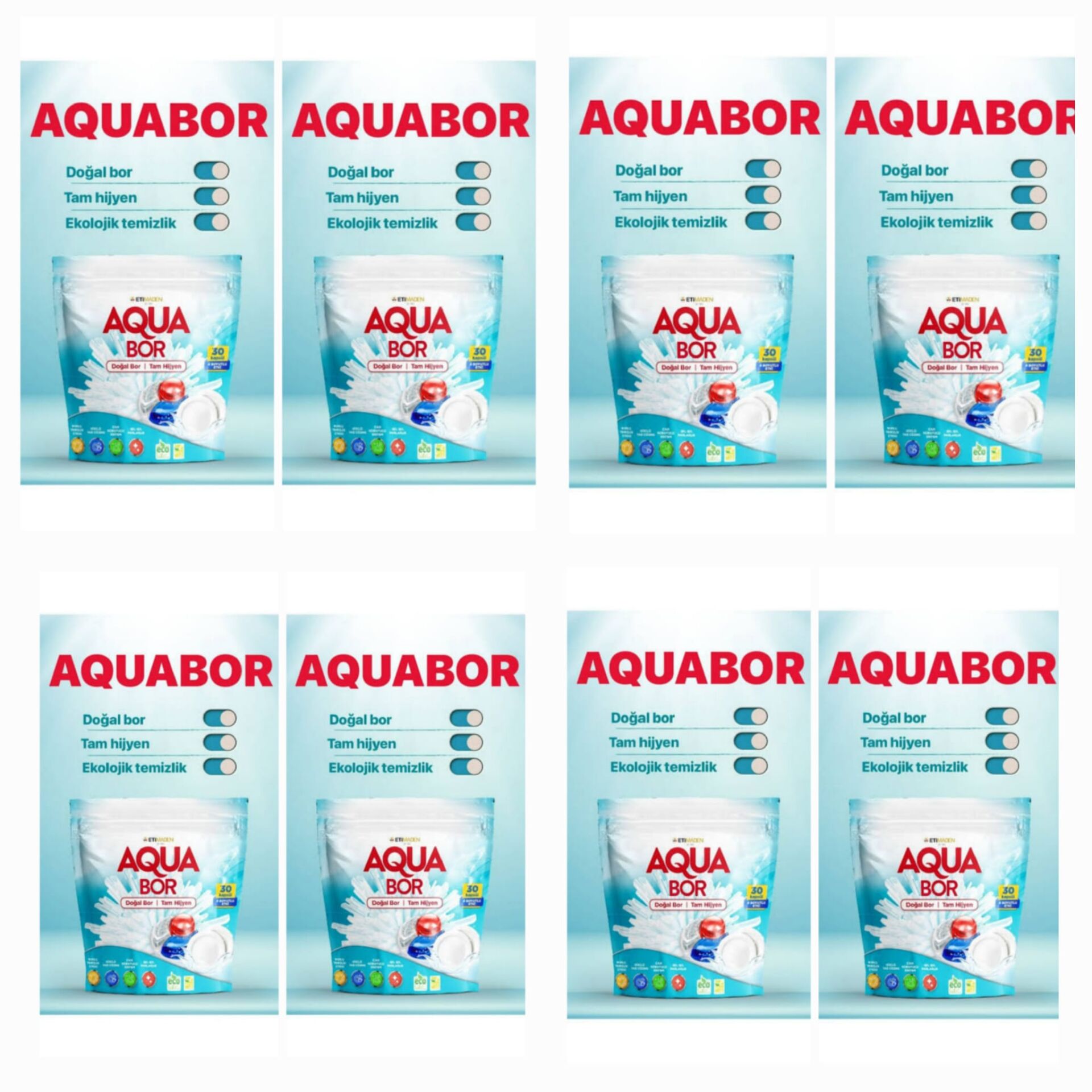 AQUABOR DOĞAL MİNERALLİ 8 PAKET   BULAŞIK TABLETİ 8*30 KAPSÜL