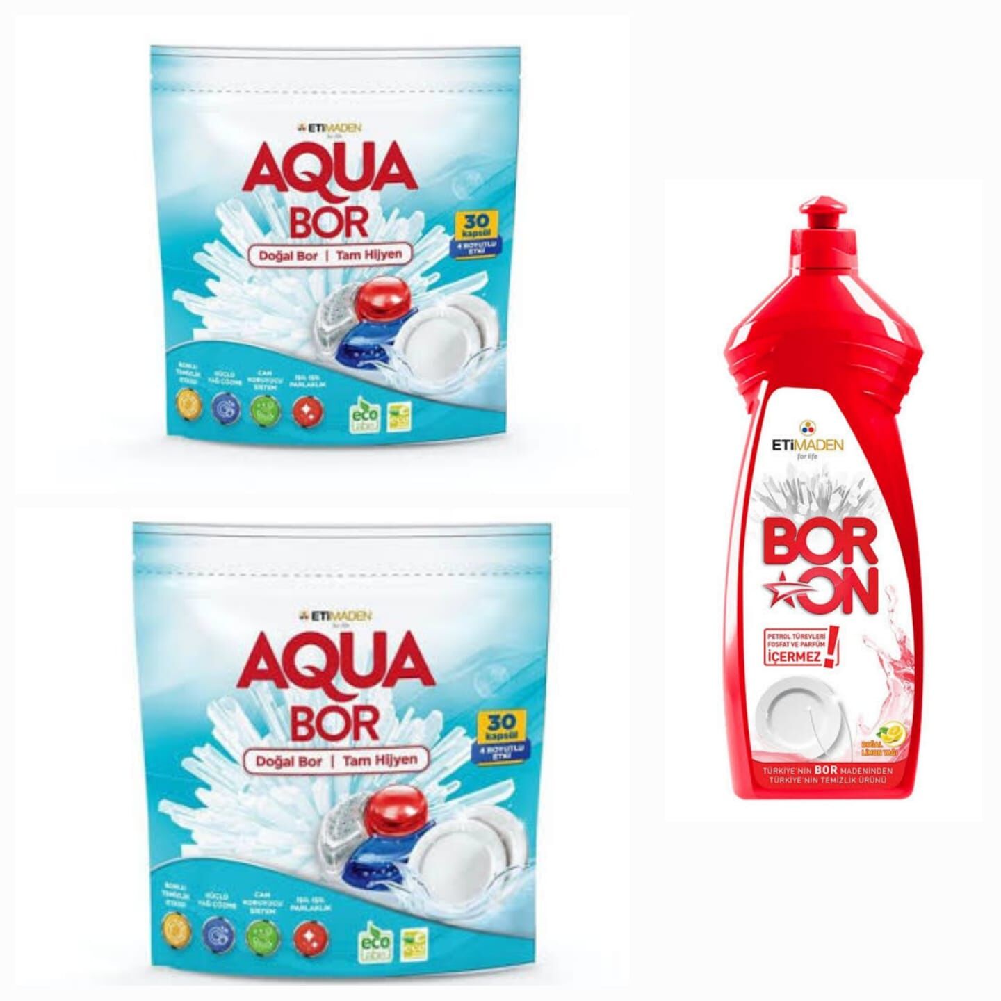 AQUABOR DOĞAL MİNERALLİ  BULAŞIK  DETERJANI 30 *2 ADET +BORON ELDE BULAŞIK  DETERJANI 620 ML