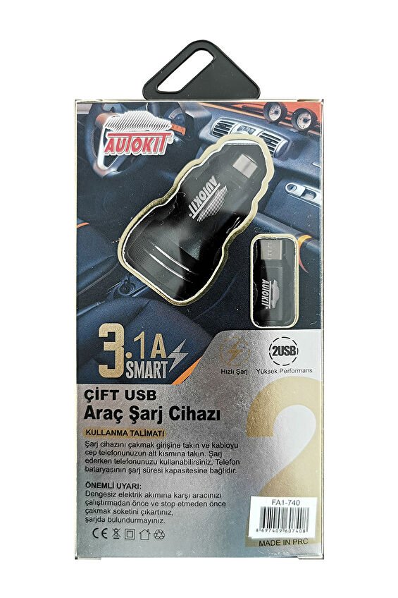 Autokit Metal Araç Şarjı 3.1 Amper 2 USB giriş Typec