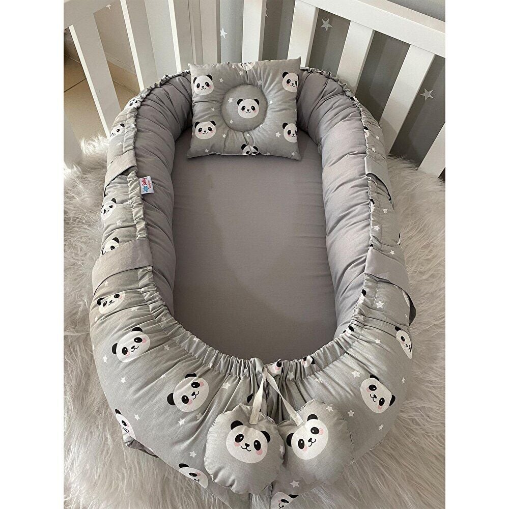 Babynest Lüks Tasarım Ortopedik Anne Yanı Bebek Yatağı Gri Panda 1 Adet