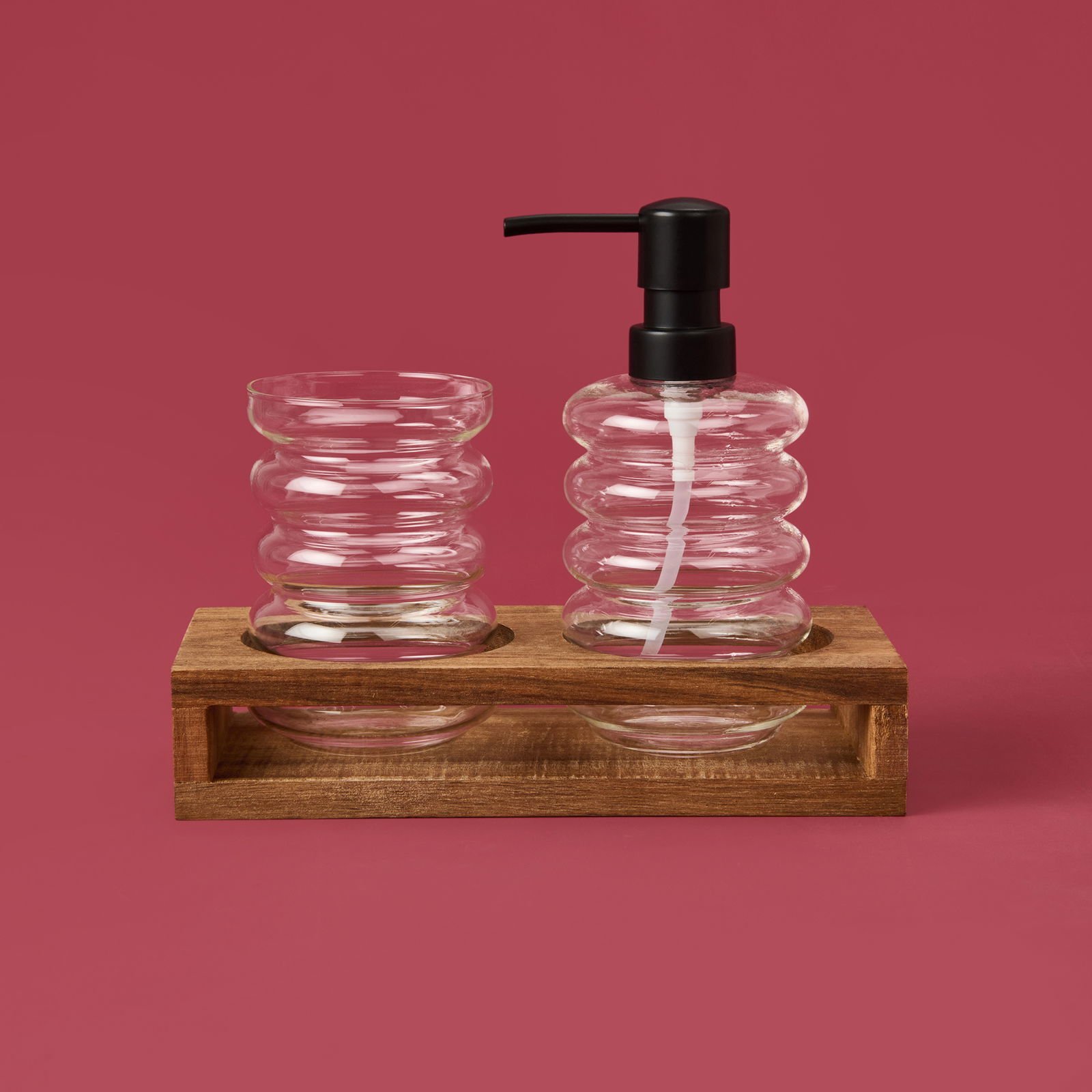 Cam 2'li Halka Sıvı Sabunluk Seti - Şeffaf / Gri / Kahverengi