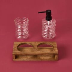 Cam 2'li Halka Sıvı Sabunluk Seti - Şeffaf / Gri / Kahverengi