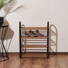 Ahşap Çubuklu 4 Katlı Masif Ayakkabılık - Siyah - 63x62x18 cm
