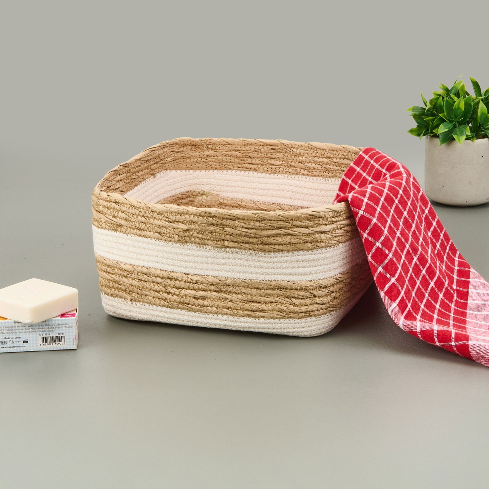 Living Boho Style Büyük Kağıt İp Sepet - Bej / Beyaz - 28x28x14 cm