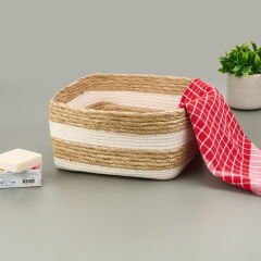 Living Boho Style Büyük Kağıt İp Sepet - Bej / Beyaz - 28x28x14 cm