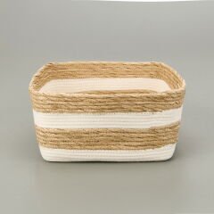 Living Boho Style Büyük Kağıt İp Sepet - Bej / Beyaz - 28x28x14 cm