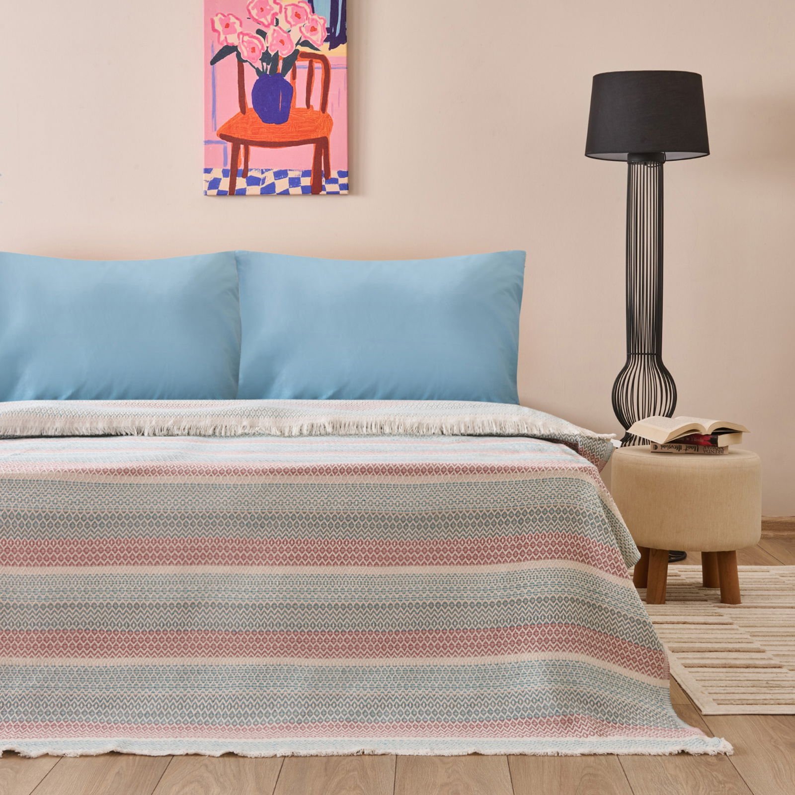 Soft Vita Çift Kişilik Pike - Ekru / Mavi - 200x230 cm