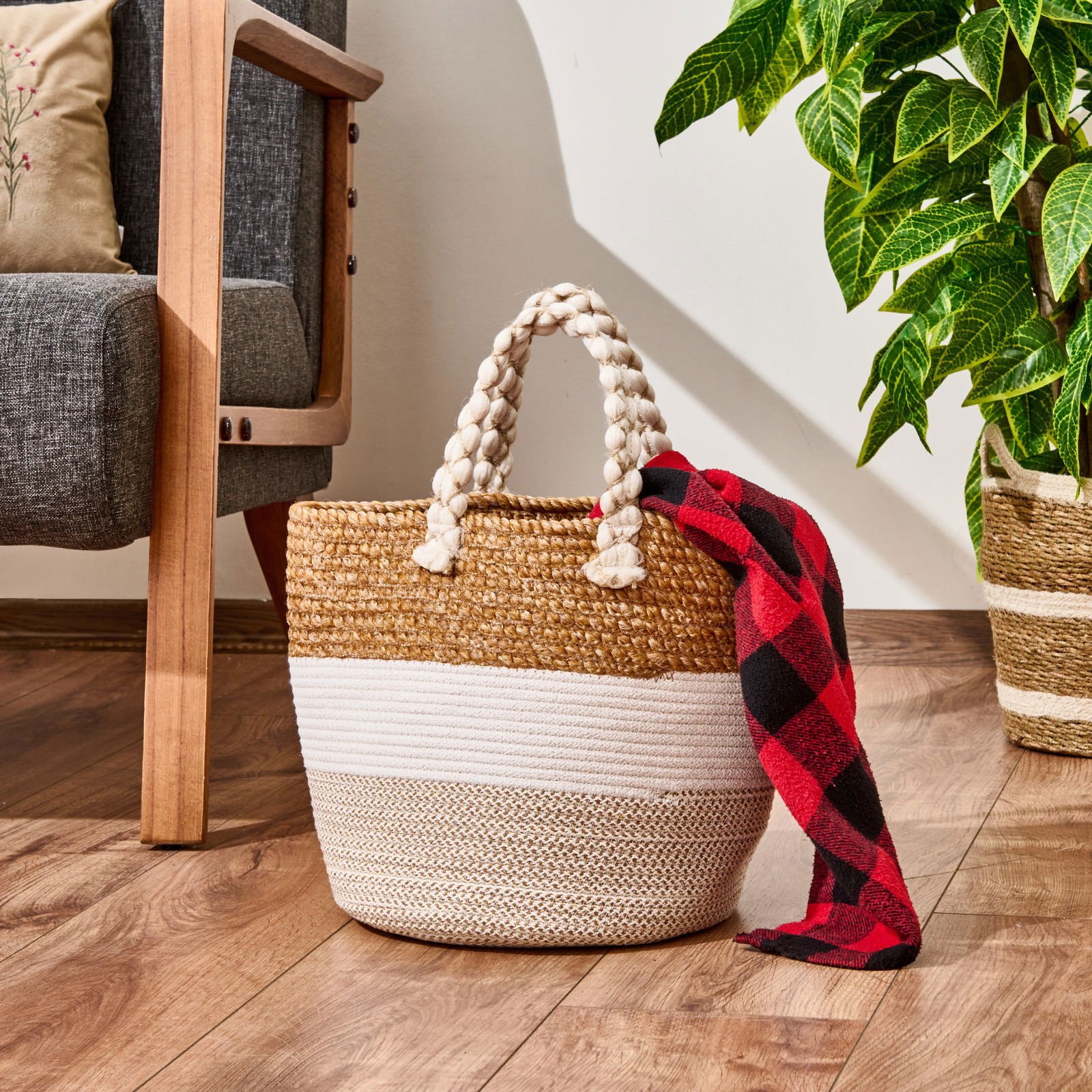 Living Boho Style Büyük Örgü Sepet - Renkli - 25x25 cm