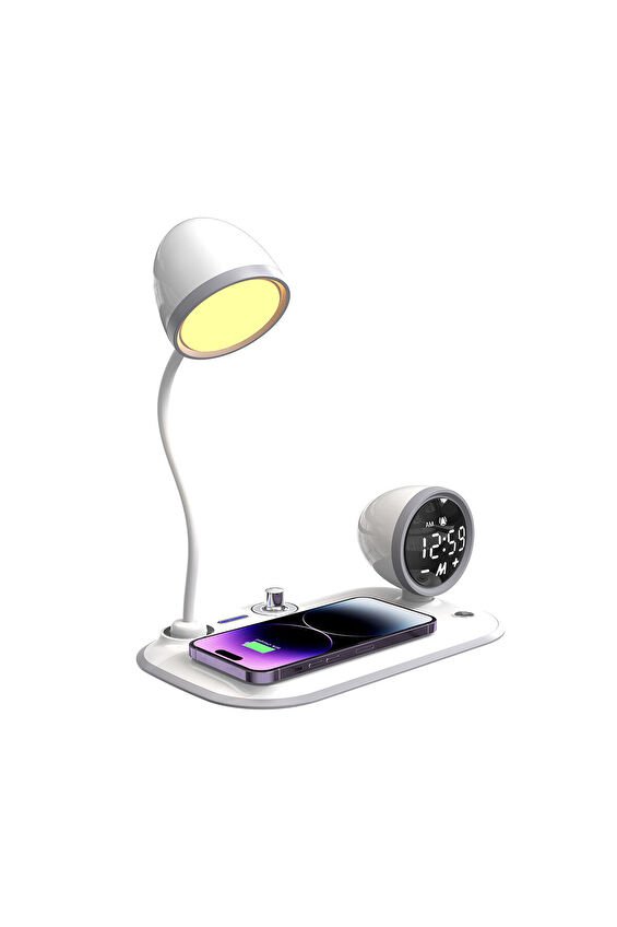S-link SL-CW21 Beyaz Telefon Uyumlu Fast Şarj 15W Ayarlanabilir Led Işıklı LCD Ekran Double Alarmli Masa Lambası