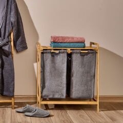 2 Bölmeli Bambu Kirli Çamaşır Sepeti - Gri / Bej - 74 cm