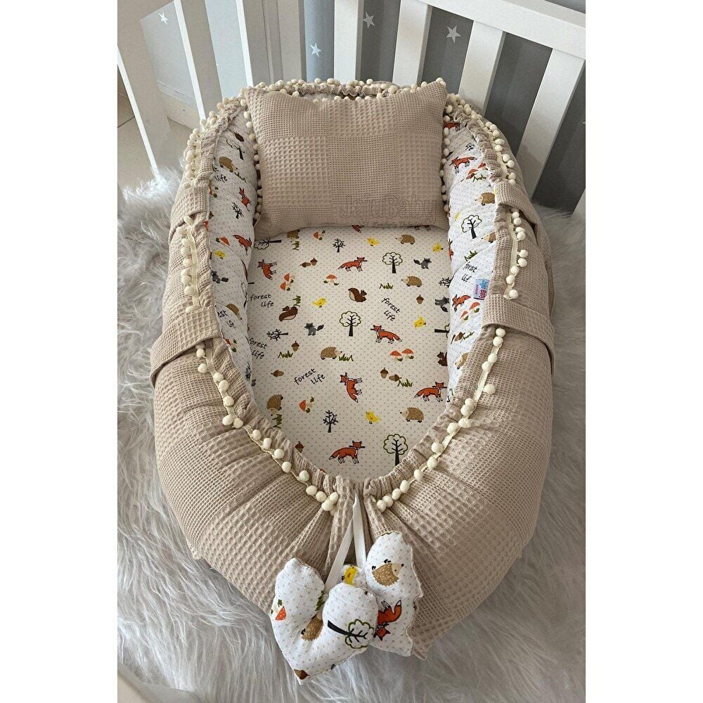 Babynest Organik Pamuk ve Müslin Kumaş Babynest Anne Yanı Bebek Yatağı, Tilki Tasarım 1 Adet