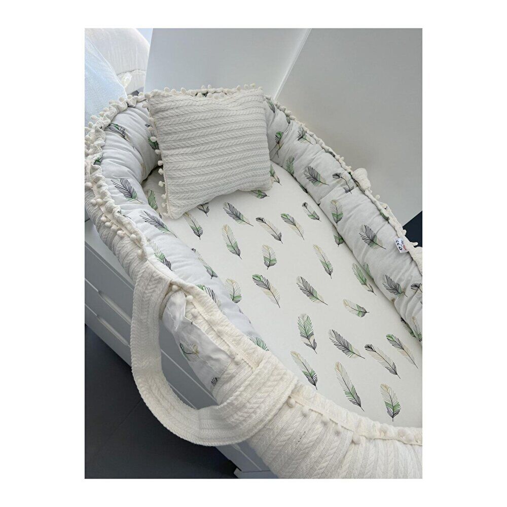 Organik Örgü Kumaş Lüks Babynest Anne Yanı Yatak, Tüy Desenli 1 Adet
