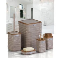 Luna Ahşap Görünümlü Kare 5’li Banyo Seti - Bej / Kahverengi