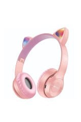 Bood Çocuk RGB Işıklı Kedili Kulak Üstü Bluetooth Kulaklık P47 Pembe