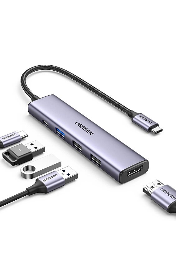 UGREEN Revedok 5-in-1 Type-C Giriş 3xUSB-A 1xUSB-C PD 100W 1x 4K/30Hz HDMI Gri 15495