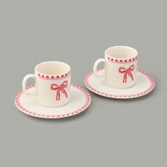 Kitchen Ribbon 2'li Porselen Kahve Fincanı Takımı - Pembe / Beyaz - 110 ml