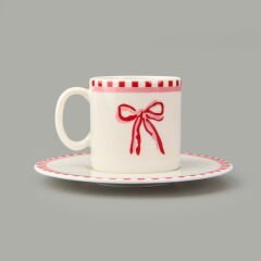 Kitchen Ribbon 2'li Porselen Kahve Fincanı Takımı - Pembe / Beyaz - 110 ml