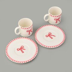 Kitchen Ribbon 2'li Porselen Kahve Fincanı Takımı - Pembe / Beyaz - 110 ml
