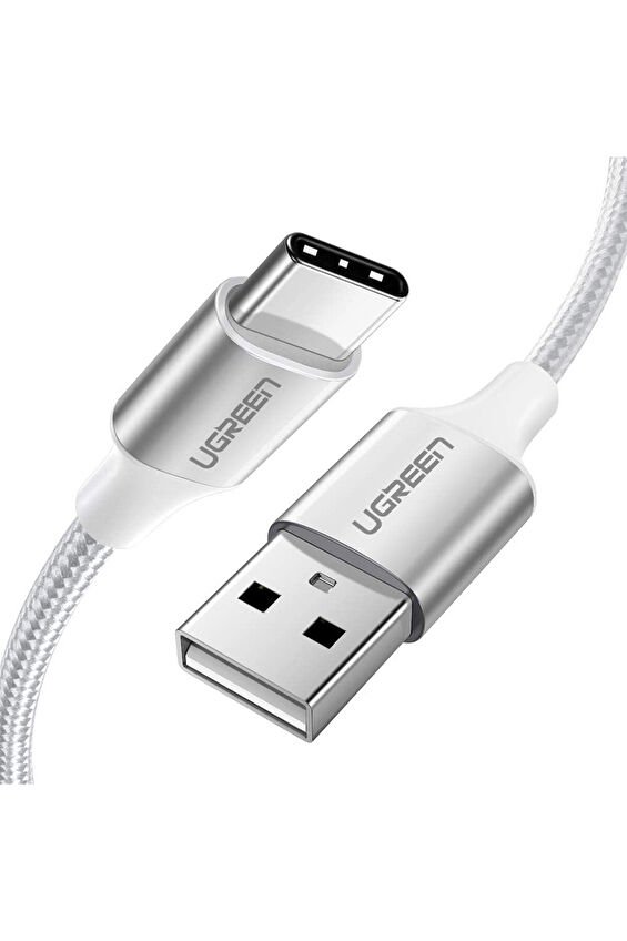 UGREEN USB-C to USB-A 3A QC Örgülü Hızlı Şarj Kablosu 1 Metre Gümüş Beyazı 60131
