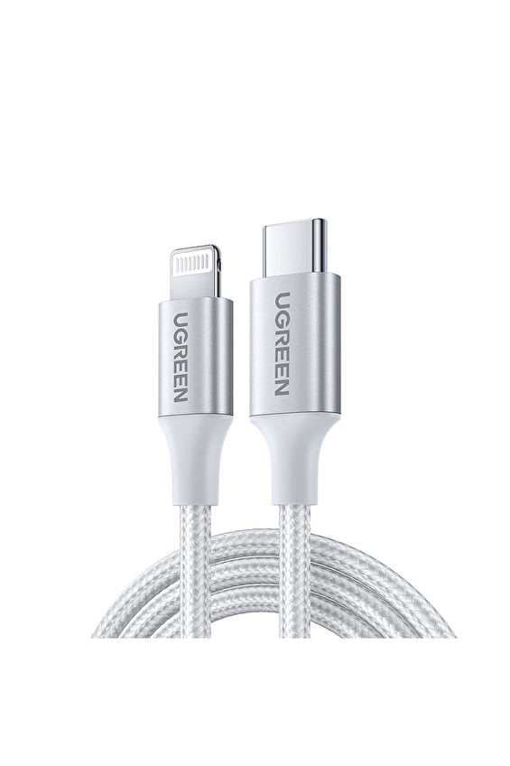 UGREEN Type-C to Lightning 3A PD MFi Sertifikalı Örgülü Hızlı Şarj Kablosu 1 Metre Gümüş 70523