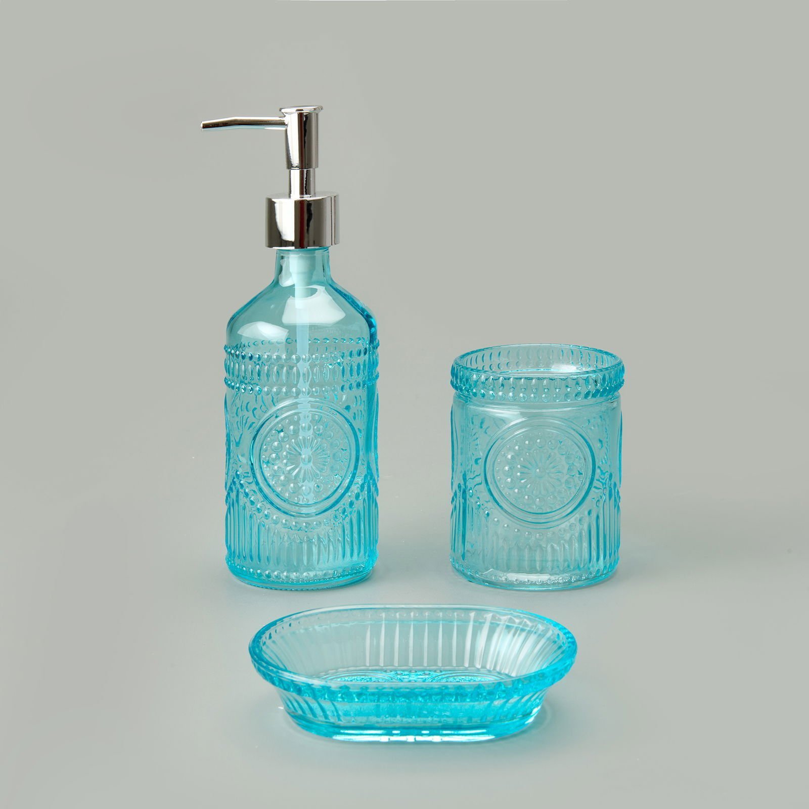 Bath 3'lü Cam Banyo Sıvı Sabunluk Seti - Mavi