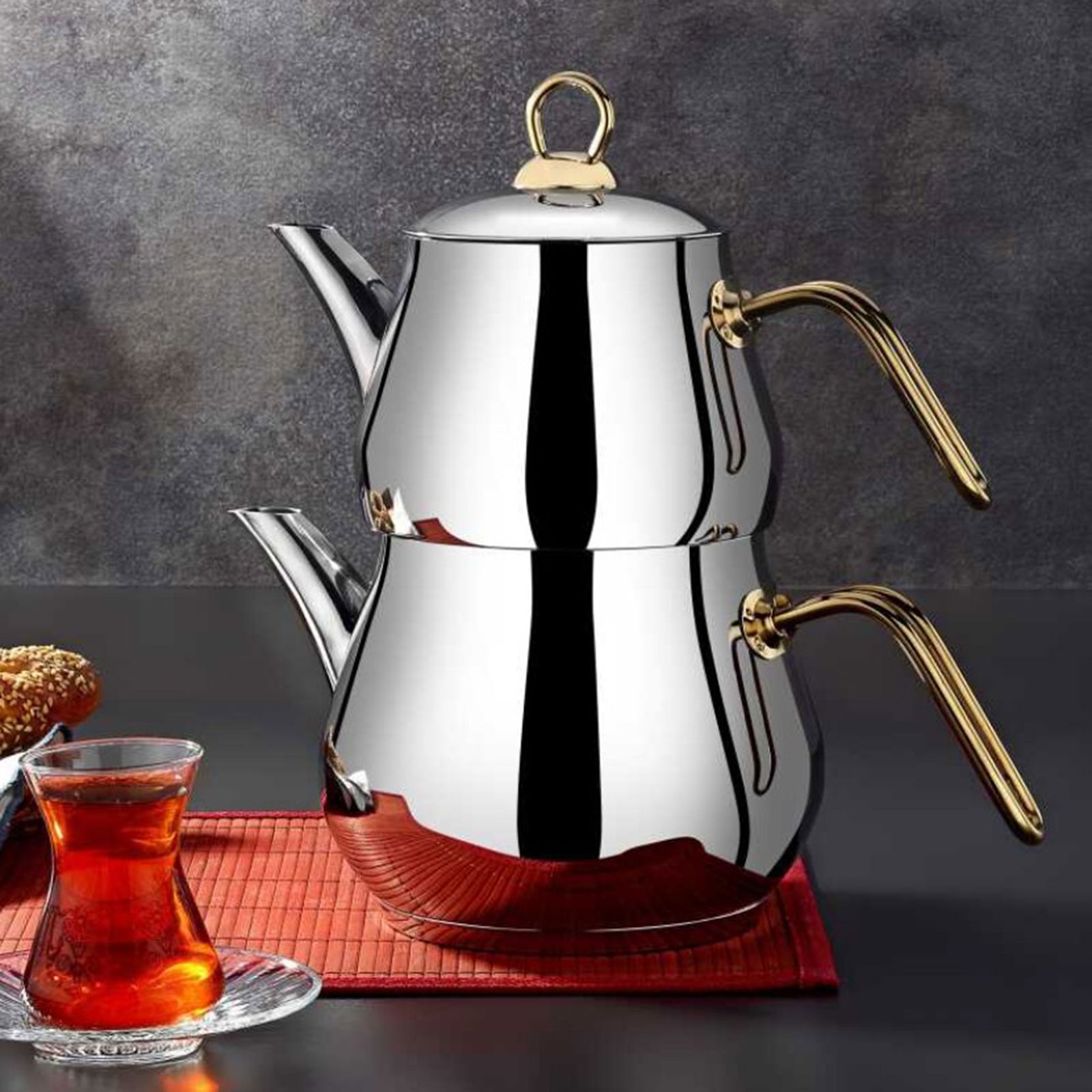 Çayeli Aile Çelik Çaydanlık Takımı - Gri / Gold - 2 lt + 1,2 lt