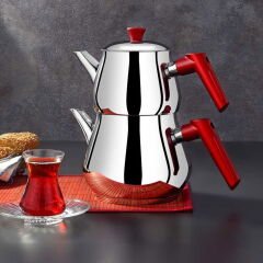 Çaykara Soft Mini Çelik Çaydanlık Takımı - Gri / Kırmızı - 1,2 lt + 800 ml