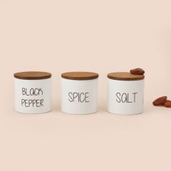 Nero Ahşap Kapaklı 3'lü Seramik Baharatlık Seti - Beyaz / Açık Kahverengi