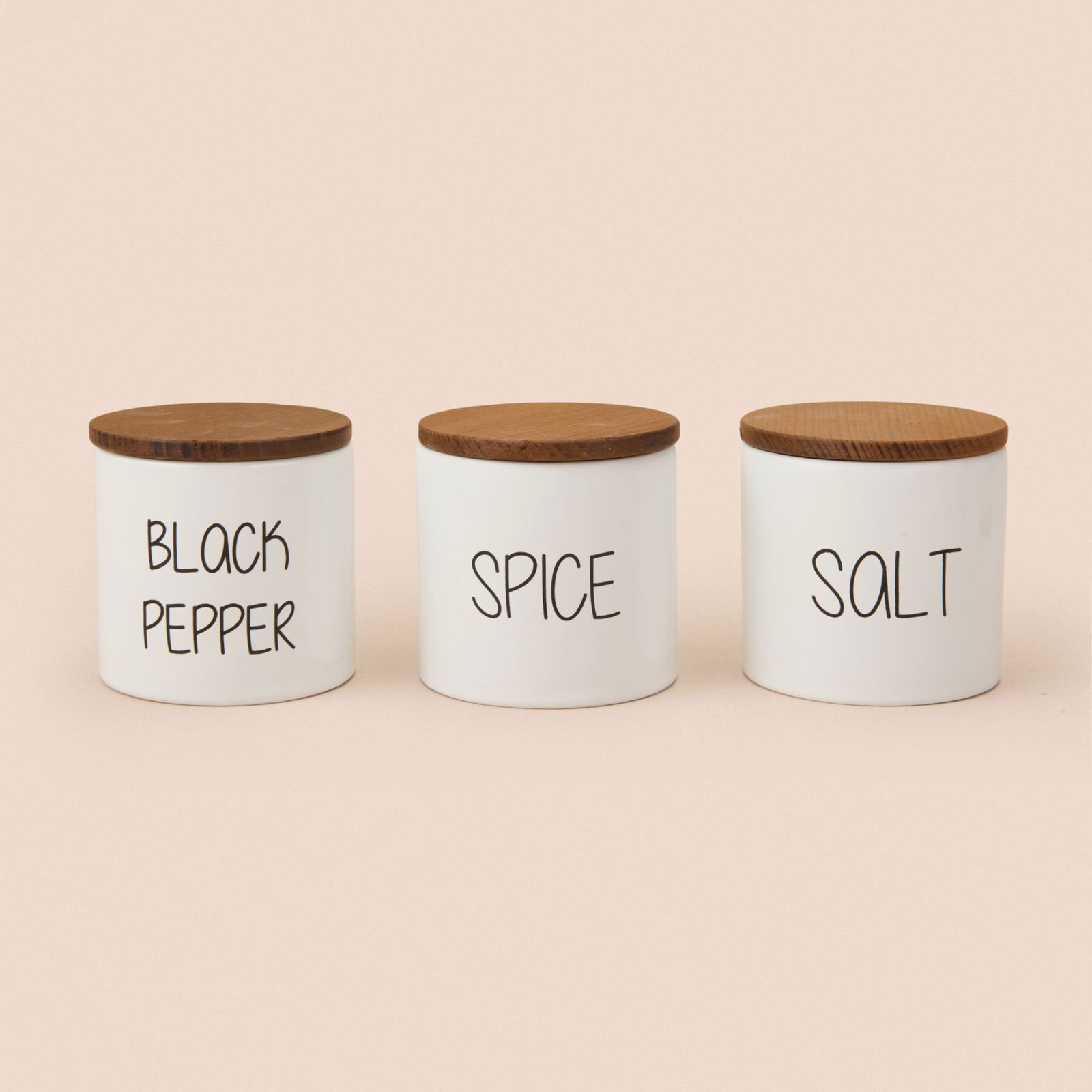 Nero Ahşap Kapaklı 3'lü Seramik Baharatlık Seti - Beyaz / Açık Kahverengi