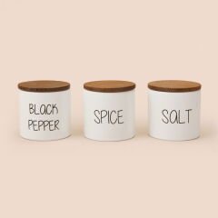 Nero Ahşap Kapaklı 3'lü Seramik Baharatlık Seti - Beyaz / Açık Kahverengi