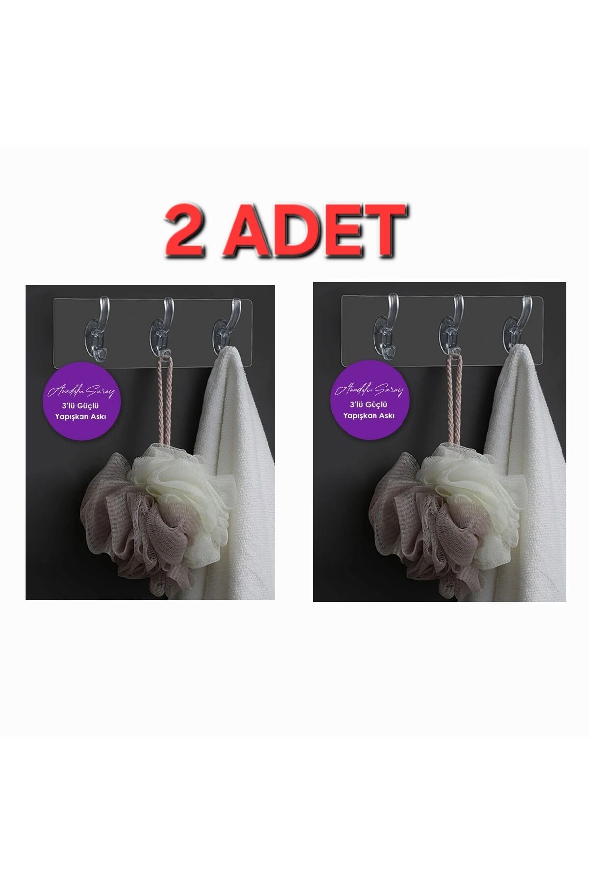 2 Adet 3'lü Şeffaf Güçlü Kendinden Yapışkanlı Kapı Duvar Askısı 3'lü Kancalı Askı