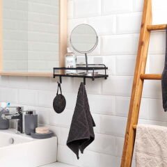 Ahşap Görünümlü Kancalı Banyo Duş Rafı - Siyah