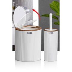 Home Ahşap Desenli Çizgili Yuvarlak 2'li Banyo Aksesuar Seti - Beyaz