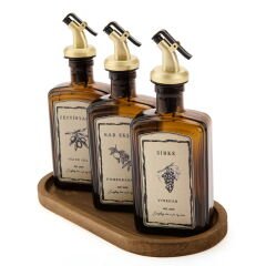 Kitchen Ahşap Stantlı 3'lü Yağlık Sirkelik Seti - Amber - 300 ml